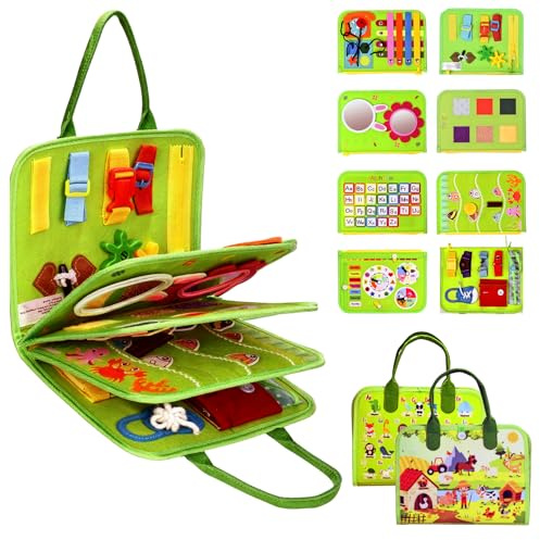 JHkim Busy Board Montessori Toys for Toddlers 1-3, Birthday Gifts for 1 2 3 4 Year Old Boy Girl, Autism Sensory Travel Toy, Educational Activity Book Board for Learning Fine Motor Skills Toys, Green