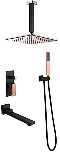 Shower System Tub Spout 10 Square Rainfall Shower Head Handheld Combo Set Ceiling Installation Shower Faucet Set Chrome (Rose Gold)