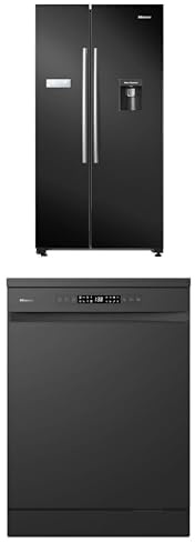 Hisense Set: American Fridge Freezer 578L + Dishwasher 85cm, Side-by-Side, Non-Plumbed Water Dispenser, Black, E Rated