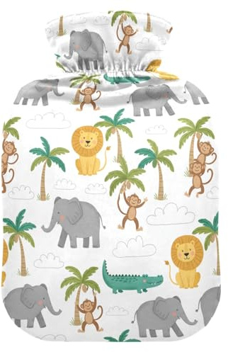 Hot Water Bottle with Cover Jungle Animals Elephant White Pattern Hot Water Bag for Pain Relief Heat Packs Hot Pack Water Bags for Shoulder Neck Pain Cramps Hand Feet Warmer 2L