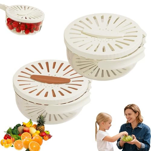 Cestino 2 in 1: semplifica il lavaggio e la conservazione, centrifuga per insalata, grande ciotola trasparente, coperchio per risciacquare, manico pieghevole (bianco+marrone, 15,5 × 8,3 cm)