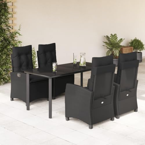 Yunovire 5-TLG. Garten-Essgruppe, Schwarz Poly Rattan, Verstellbare Relaxsessel, Glastisch 160x80cm, UV-beständig, wetterfest, für Garten, Terrasse, Balkon, Outdoor Patio Dining Sets