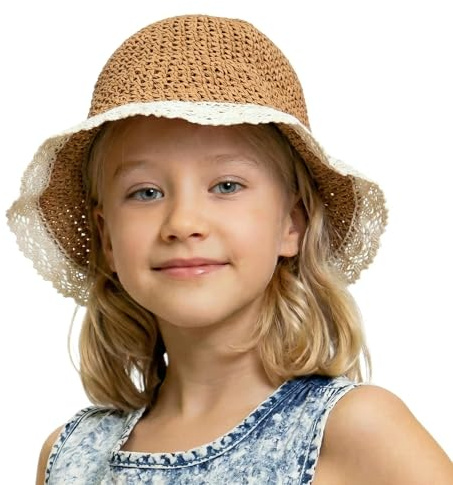 Zidoley Chapeau de paille pour enfant fille - Chapeau de soleil pour enfants avec dentelle et bord large, réglable avec cordon de serrage - Chapeau de plage pliable avec trou pour tresses, marron