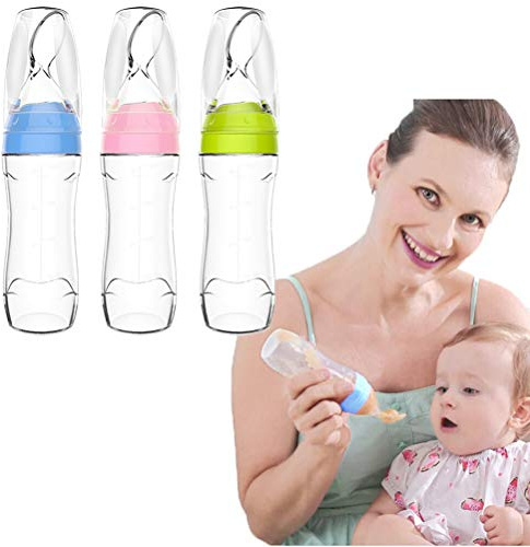 Generic Biberón de Silicona para bebé, Cuchara Dispensadora de Alimentos Segura de 120ml para bebé, sin BPA, Azul/rosa para/niños Pequeños (BLUE)