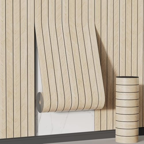 Arthome 3D Autocollants Panneau Mural Decoratif ImperméAbles Effet Bois Panneaux Acoustiques,Papier Peint épais Bois Insonorisant pour Les Murs du Salon, de La Cuisine Et Du Bureau 40x610cm Beige