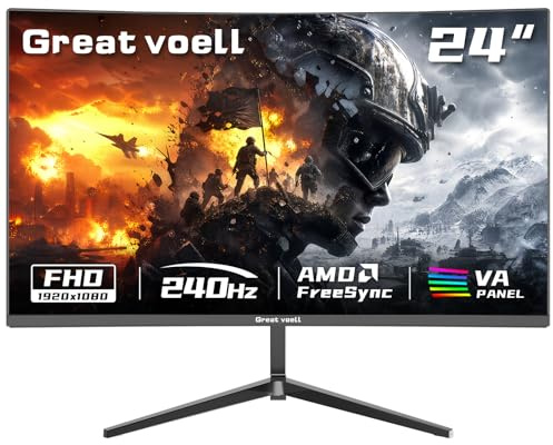 Great voell Monitor curvo para juegos de 24 pulgadas y 240 Hz, MPRT 1 ms, FreeSync | HDR10, contraste 4000:1, bajo desenfoque de movimiento, FHD 1920x1080, HDMI/DP, VESA, óptimo para juegos FPS