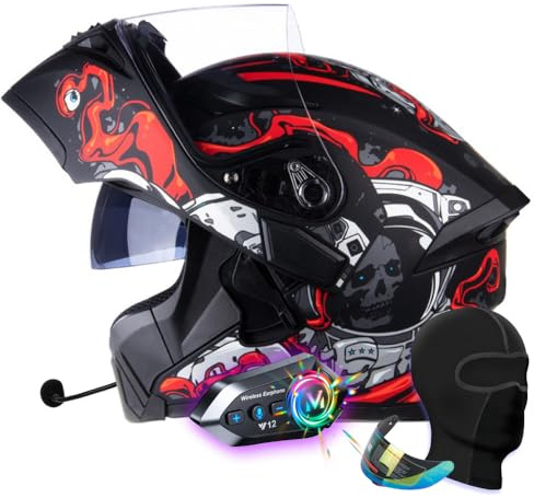 Bluetooth Modular Motorbike Helmet, Flip-Up Full Face Helmet with Dual Visors, Built-in Speakers, ECE Approved, for Adult Riders (J, L 59~60CM)