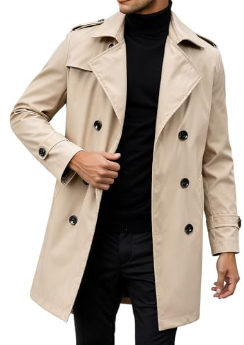 Foweknow Trench Coat Uomo Classico Doppio Petto Windbreaker Medio Lungo Casual Vintage Streetwear Primavera Autunno Revers Solide Mode Business Giacca da Lavoro Comodo Soprabito, 02 beige., S