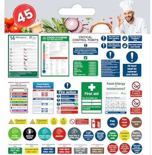 45 Pcs Kitchen Safety Signs Set – Essential Food Hygiene Signage Pack, Self Adhesive Vinyl Waterproof & Oil Resistant Stickers for Cafes,Takeaways,Restaurants, Small Catering Vans & Kitchens UK made