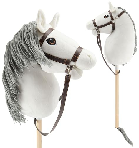Bieco personalisiertes Hobby Horse Steckenpferd Schimmel - Größe M, mit Trense | Abnehmbarer Stock & Schweif, für Springreiten, Dressur & Spielen | Hobby Horse Pferde