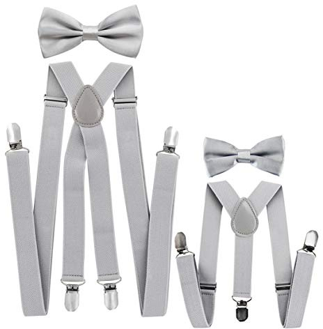 axy - Look coordinato padre-figlio, bretelle con papillon set per uomo, donna, bambini. grigio Lichtgrau (Herren 2,5cm + Kinder Hosenträger Breit 2,5cm)