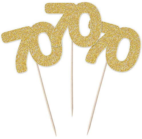 Number 70 Cupcake Toppers - 12pk Cake Decoration, Birthday, Anniversary, Pick, Pics, Seventy (Gold Glitter)