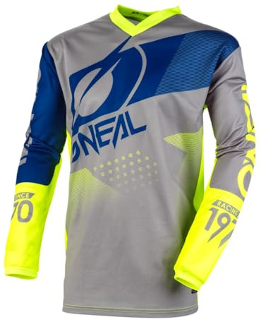 O'Neal | Camiseta de Manga Larga de Mountainbike | MTB DH FR | Material Transpirable, protección Acolchada para los Codos | Element Youth Jersey Factor | Niños | Gris, Azul y Amarillo neón | Talla XL