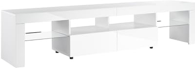 MMT Furniture Designs Ltd Meuble TV Moderne Blanc de 200 cm pour TV de 65 à 80 avec lumières LED Bleues pour écrans Plats LED LCD Plasma de 50, 55, 60, 65, 70, 75, 80, 90, 200 cm (l) x 45 cm (P) x