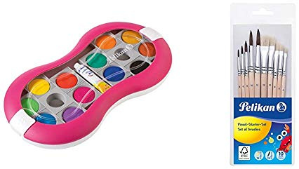 Pelikan 724625 Deckfarbkasten Space, magenta & 700405 Pinsel Starter-Set mit 5 Haar- und 5 Borstenpinseln