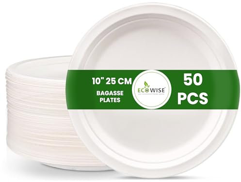 EcoWise 10 Large Strong Disposable Plates, Pack of 50 Ecofriendly Biodegradable Disposable Plates Sugarcane Fibre Compostable Plates Microwave Safe Party Plates for HOT & Cold Food (50, 10 Inch)