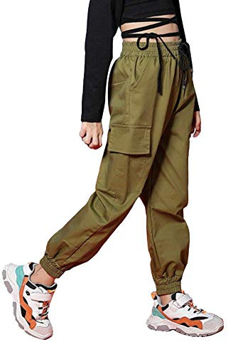 Rolanko Pantaloni Cargo per Bambini,Pantaloni da Jogging per Ragazzo e Ragazza Street Hip Hop Dance(Army Green,8-9 anni/140)