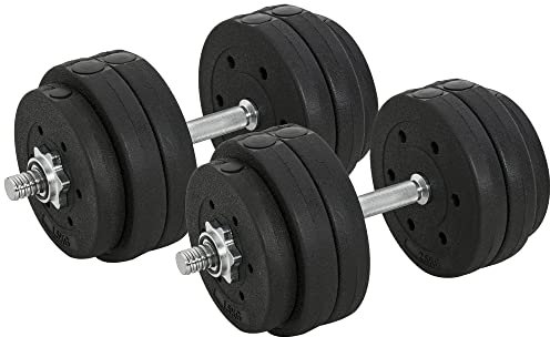 HOMCOM Set Manubri Palestra 30kg (8x2.5 kg, 4x1.5 kg), Pesi Palestra con 12 Dischi e 2 Manubri da 2 kg per Allenamento a Casa, Nero