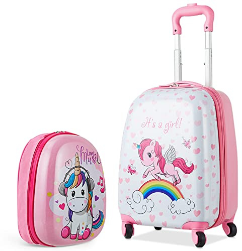 BABY JOY 2 Pcs Kids Luggage Set, 16 Carry-on Luggage Trolley Case & 12 Backpack w/Rolling Wheels, Retractable Handle, Lightweight Airline-approved Design, Kids Suitcase for Girls Boys (Pink Pony)