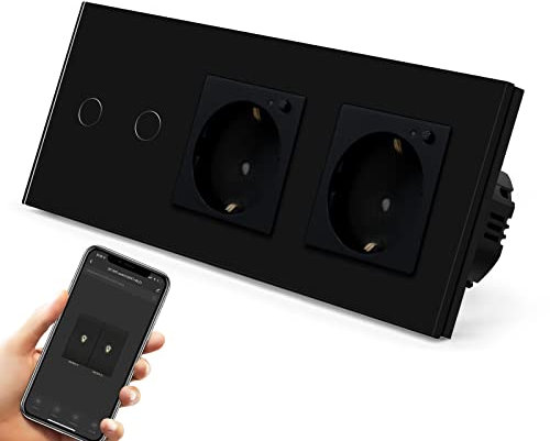 BSEED Smart Alexa Lichtschalter mit Doppelt Steckdose,Unterputz Senkrecht Alexa Glas Schuko Verlängerungssteckdosen,Single Live Wifi Touch Lichtschalter 2 Fach 1 Weg Schwarz