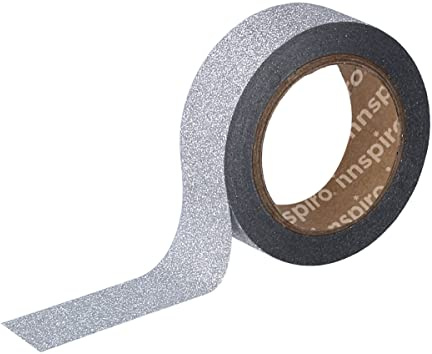 INNSPIRO Cinta masking tape purpurina plateado15mmx6,5, Serie Glitter, Plateado