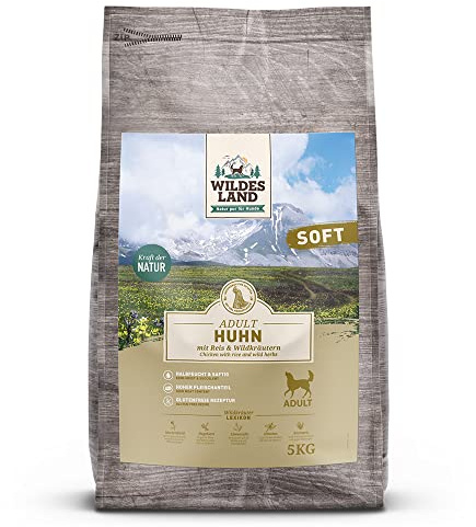 WILDES LAND – Soft Huhn | Halbfeuchtes Trockenfutter mit natürlichen Zutaten, Reis und Wildkräutern sowie extra viel Fleischanteil für ausgewachsene Hunde. Glutenfreies Alleinfutter ohne Zusatzstoffe