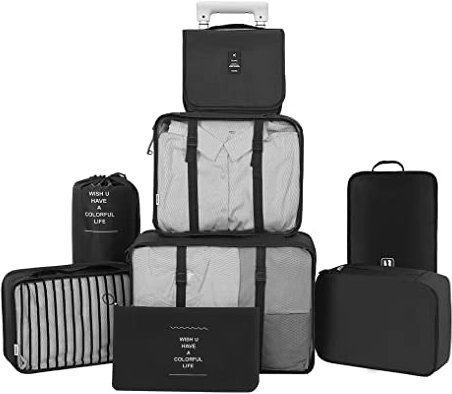 Belsmi Reise Kleidertaschen Set 8-teilig Reisetasche in Koffer Reisegepäck Organizer Kompression Taschen Kofferorganizer Mit Schuhbeutel (Stil B - Schwarz)