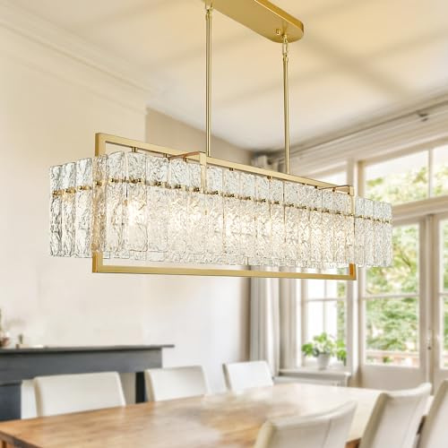 IKK Modern Rectangle Gold Crystal Chandeliers for Dining Room, 42 Large Rectangular Water Ripple Glass Island Light Fixture, Elegant Linear Lighting for Kitchen Island, Living Room, L42 x W11 x H12