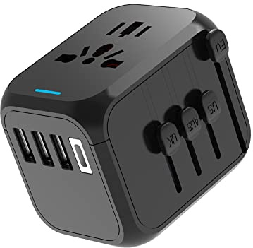 Reiseadapter Weltweit, Steckdosenadapter, Internationaler mit Kontrollleuchte Weltweit Unterstützt 3 USB und 1 Typ-C Reisestecker, Adapter für Reise und Anschluss for EU UK AUS Asia, Schwarz