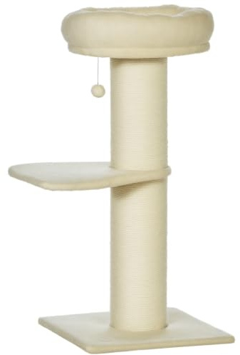 PawHut Arbre à Chat Griffoir Sisal Naturel 2 Plateformes Panier Beige | Observation, Jeu Boule Suspendue, Peluche