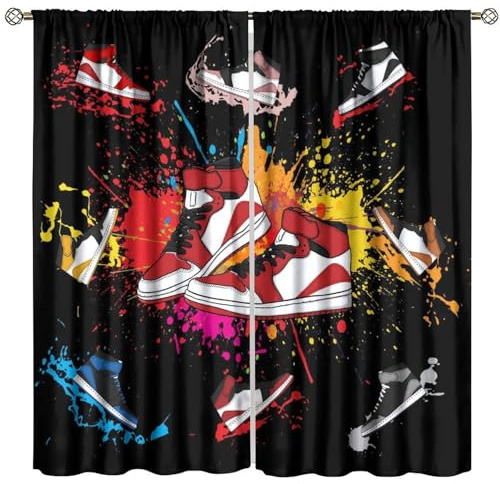 SXXLDNG Boys Sports Curtains Sneaker Shoes Aesthetic Cool Colorful Graffiti Bedroom Window Drapes for Teen Kids Printed Living Room Window Treatment Fabric 2 Panels 42Wx45H Inch Decor