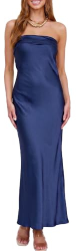Realtix Satin Silk Backless Tube Tops Maxi Dress for Women Low Back Hollow Out Elegant Strapless Long Dresses Wedding Guest Navy