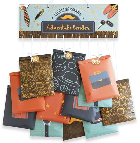 Papierdrachen Calendrier de l'Avent pour mari – 24 sacs en papier dans 4 designs différents et 24 autocollants – Idée de cadeau exceptionnelle – pour vos proches – Homme préféré – Set 1