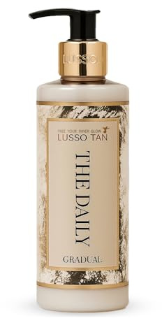 Lusso Tan Daily Gradual Tanner 200ml - Easily Absorbed Self Tan for Face and Body. Streak-Free and Guide-Colour-Free Skin Care Moisturiser Lotion. Organic Vegan and Cruelty-Free