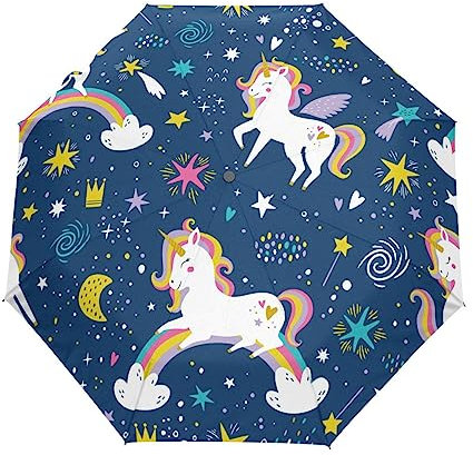Cartoon Weltraum Einhorn Regenbogen Regenschirm Taschenschirm Kinder Jungen Mädchen UV-Schutz Auf-Zu Automatik Umbrella Verstärkt Winddichte Zusammenklappbar