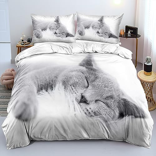 DXHOME Katzen Bettwäsche 135x200 3D Effekt Haustier Weiß Wendebettwäsche 2 teilig Flauschige Weiche Mikrofaser Bettdeckenbezug Kinder Mädchen Jungen mit Reißverschluss und 80x80 cm Kissenbezug