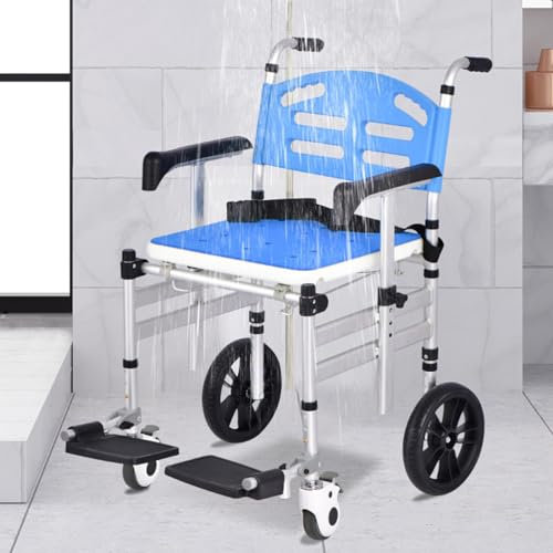 YMAOMAO Faltbare Mobile Toilette Duschhocker Für Senioren Mit Rollen Mit Gepolsterter Sitzlehne Und Höhenverstellbarer Rückenlehne Toilettenstuhl Leibstuhl Für Toilette, Bad Badezimmerstuhl