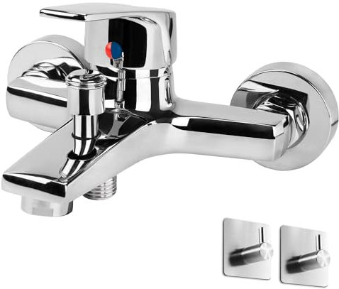 Rubinetto per vasca da bagno monouso, miscelatore per vasca da bagno, rubinetto per doccia, in ottone, con deviatore manuale (cromato + gancio)