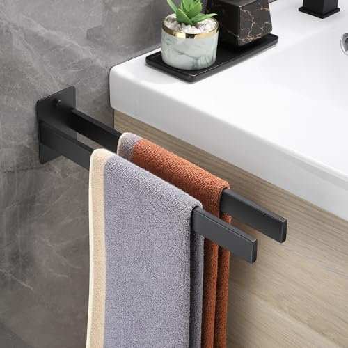 Gsocel Handtuchhalter Schwarz Bohren Edelstahl,Handtuchstange Doppelt Handtuchhalter Eckig Hantuchhalterung Wand Badetuchhalter für Bad und KüChe 38CM