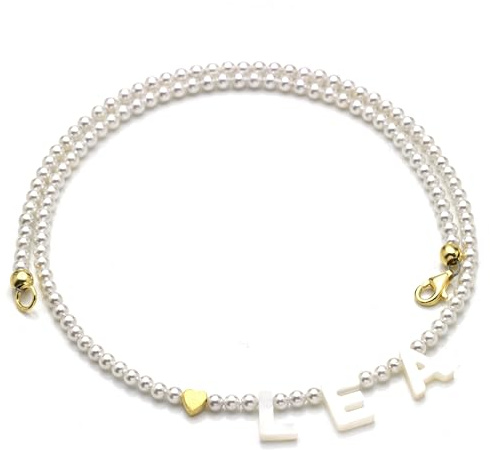 Zarte personalisierte Namens-Halskette echte Perlmutt Buchstaben, Perlenkette aus Muschelkernperlen, 925er Silber Gold plattiert