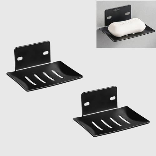 2 Stück Seifenhalter Dusche Seifenschale Ohne Bohren 304 Rostfreier Stahl Seifenschale mit Ablauf Seifenablage Waschbecken Geeignet für Bad, Küche (Schwarze Farbe)