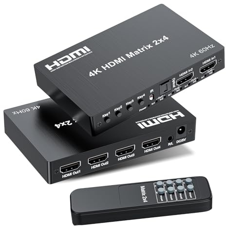 4K 2x4 HDMI Matrix Switch, 2 in 4 Out Matrix HDMI 2.0 Video Switcher Splitter, Optical & 3.5mm Audio Output, Support 4K 60Hz HDR HDCP2.2, 18Gbps, with IR Remote Control for NS PS5 Fire Stick etc