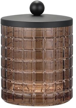 Indecor Home Amber Colored Tranlucent Apothecary Etched Geometric Grid Glass Jar W/Matte Black Metal Lid for Bathroom Organization, Cotton Balls, Q Tips, and Small Accessories, Bathroom Storage