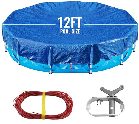 16Ft Pool Cover for(12Ft) Above Ground Pool, Heavy Duty Above Ground Pool Cover Includes Winch and Cable,Winter Pool Cover Strength&Durability,UV Protection, Blue/Black (Cover Only)