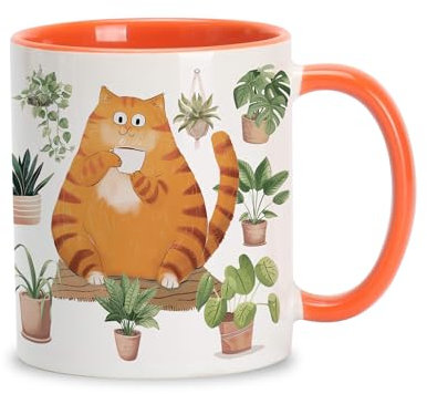 Hyturtle Cute Orange Cat Coffee Mug, Christmas Gifts For Cat Mom, Plant Decor Gift For Plant Lovers, Gardening Birthday Gift for Girls, Gardener Present 11oz Two Tone Orange White Ceramic Tea Mug Cup