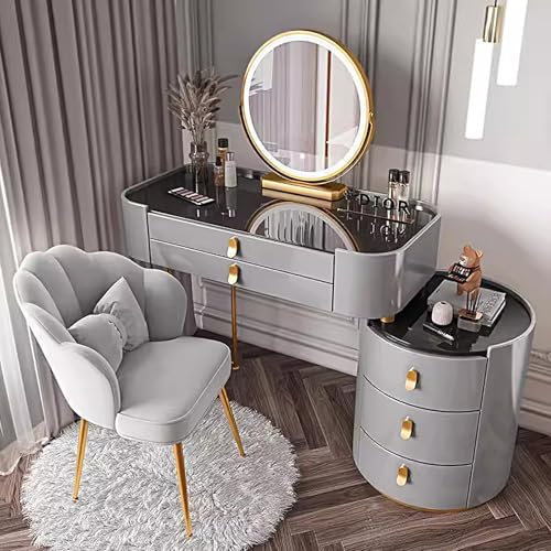 Schminktisch mit Schubladen und Beistellschrank und Stuhl, grauer Make-up-Tisch mit 3 Beleuchtungsfarben, großer Schminktisch (80 cm)