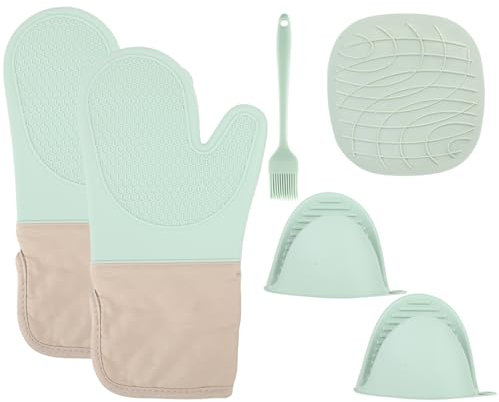 Set da 6 Guanti da Forno in Silicone e Cotone - Presine Resistenti al Calore, Anti-Scottatura per Cucinare, Cuocere e Grigliare - Verde Menta