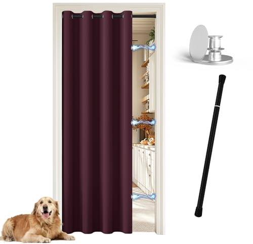 JCyh Türvorhang mit Stange und Magnetknopf, Vorhang Blickdicht mit Ösen für Wohnzimmer, Tür Vorhang innen ohne Bohren, Türvorhang Bordeaux Rot + Teleskopstange Schwarz 70-125 cm