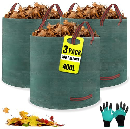Lanyesky 3 x 400L sacs de jardin, sacs à déchets de jardin gants inclus, 4 poignées, autonome, imperméable, sac à feuilles durable et résistant à la corrosion, adapté aux déchets de jardin (3x400L)