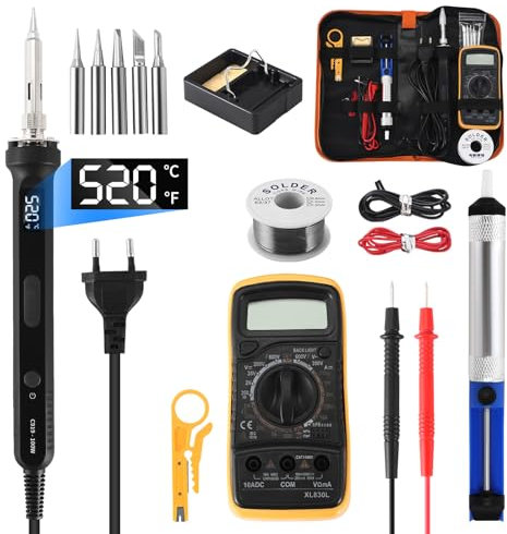 Saldatore Kit, Saldatore a Stagno 100W LCD Temperatura Regolabile, Stagnatore Elettrico con Filo di Saldatura, 5 Punte di Saldatura, pinzette, multimetro Digitale per lavori elettrici e riparazioni